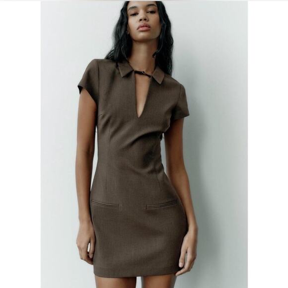 Zara Brown Plaid Collared Mini Dress - Picture 1 of 9